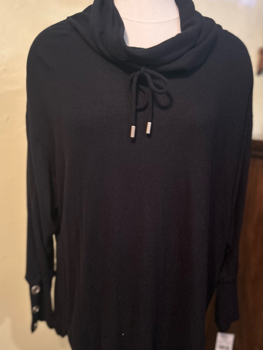 Ruby Rd. Black Cowl Neck Pullover with Drawstring